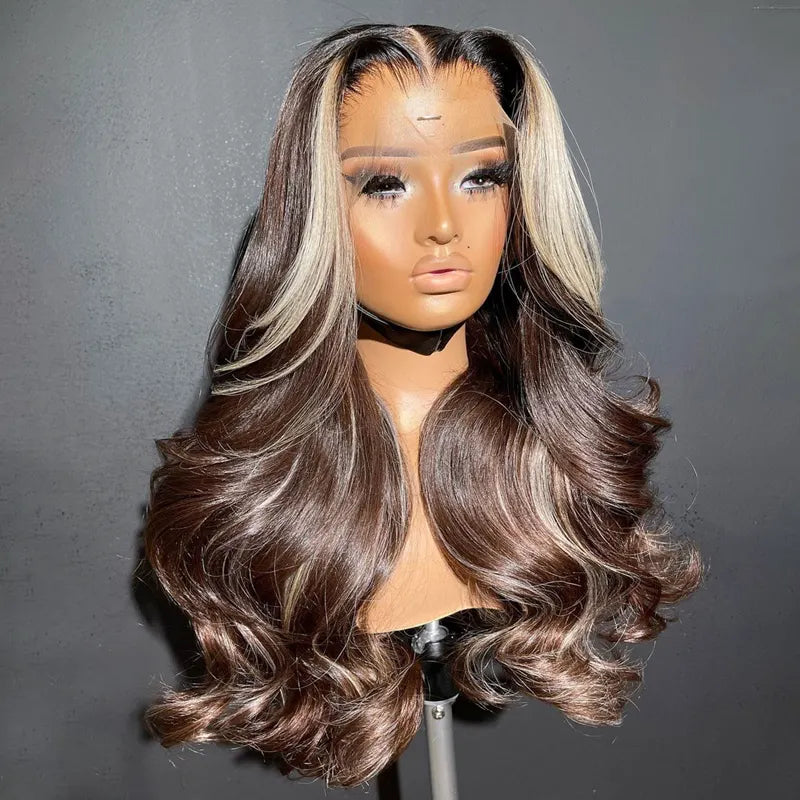 Chocolate Brown Blonde Highlight Color Salon Hairstyles Layered Cut Body Wave 13x4 Transparent Lace Front Wig Curtain Bangs Hair - Image 2