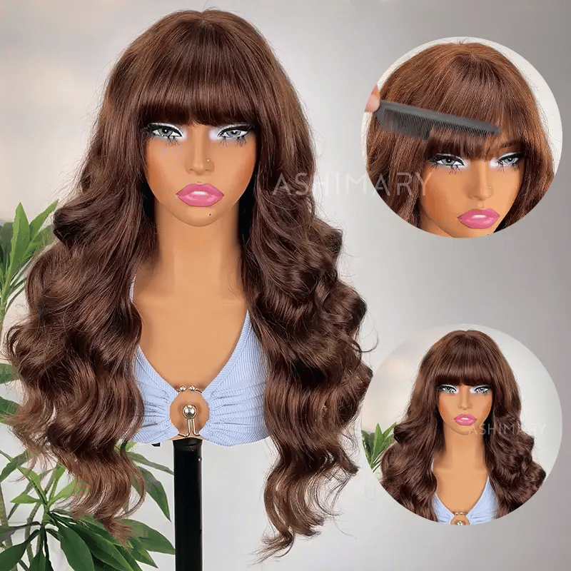 Body Wave Pre-Cut Layer With Bangs Pull Go 3x1 Lace Brown Wig True Scalp Glueless Pre-Styled Wig - Image 4