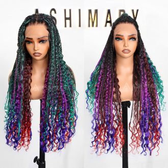 Rainbow Boho Curls Knotless Braided Wig Full Lace Frontal Multicolor Ombre Lightweight & Pre-Styled