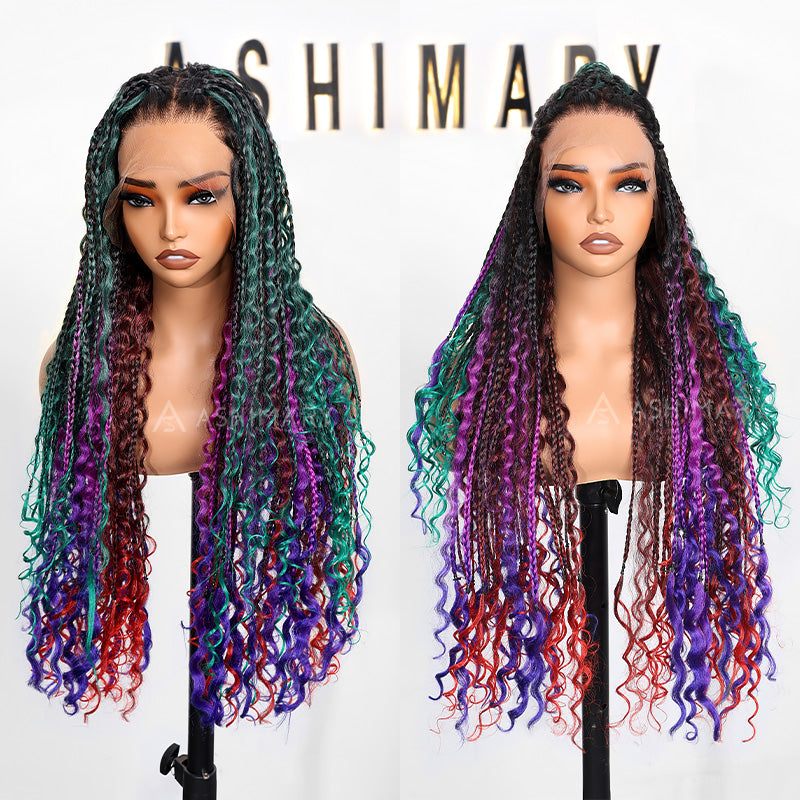 Rainbow Boho Curls Knotless Braided Wig Full Lace Frontal Multicolor Ombre Lightweight & Pre-Styled