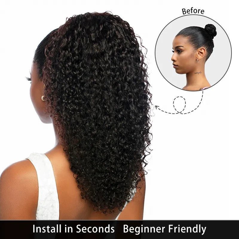 Jerry Curl Seamless Blend Drawstring Ponytail Extension Human Hair Natural Black Curly Ponytail - Image 5