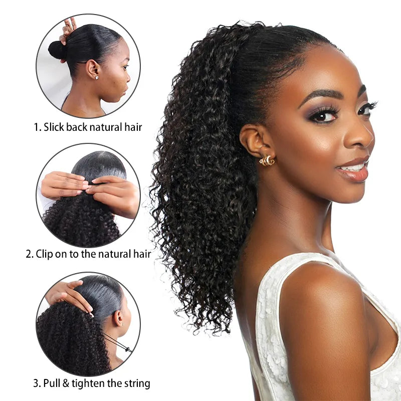 Jerry Curl Seamless Blend Drawstring Ponytail Extension Human Hair Natural Black Curly Ponytail - Image 4