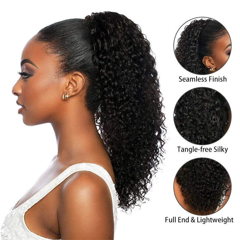 Jerry Curl Seamless Blend Drawstring Ponytail Extension Human Hair Natural Black Curly Ponytail - Image 3