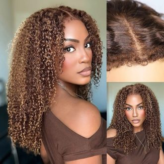 Glueless 4C Edges Blonde Highlight Kinky Curl Wig 7x5 Lace Pre-Bleached and Pre-Cut Human Hair Wigs