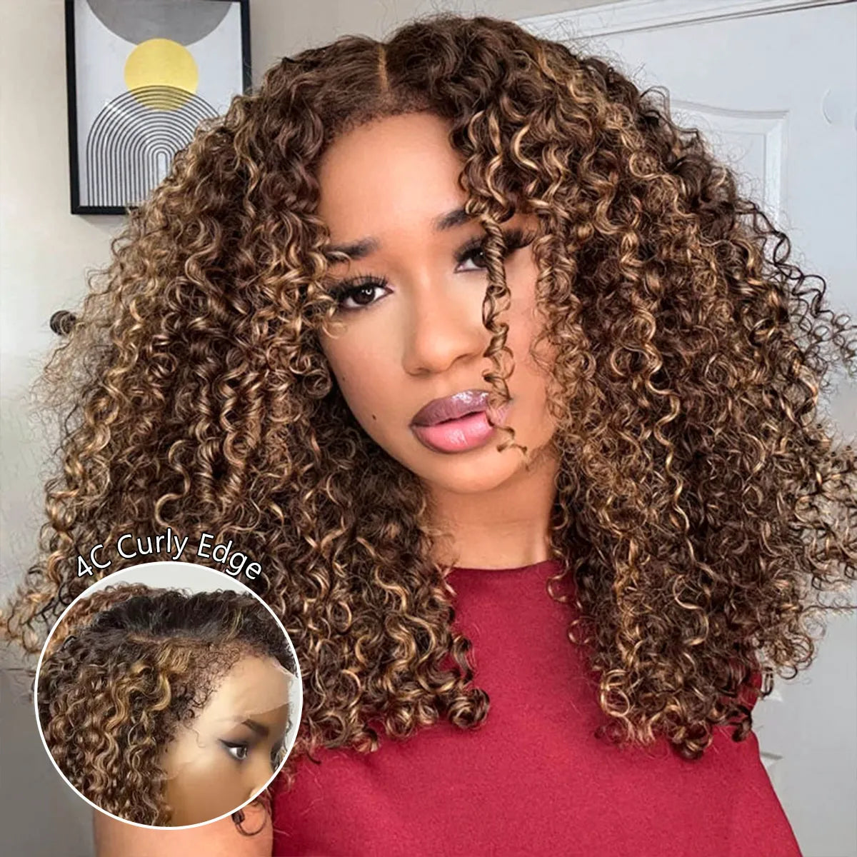 Glueless 4C Edges Blonde Highlight Kinky Curl Wig 7x5 Lace Pre-Bleached and Pre-Cut Human Hair Wigs - Image 3
