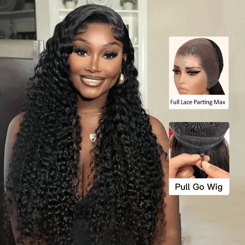 Pull Go 13x6 Full Wig Deep Wave Transparent Lace Frontal Wig Natural Black Color - Image 2
