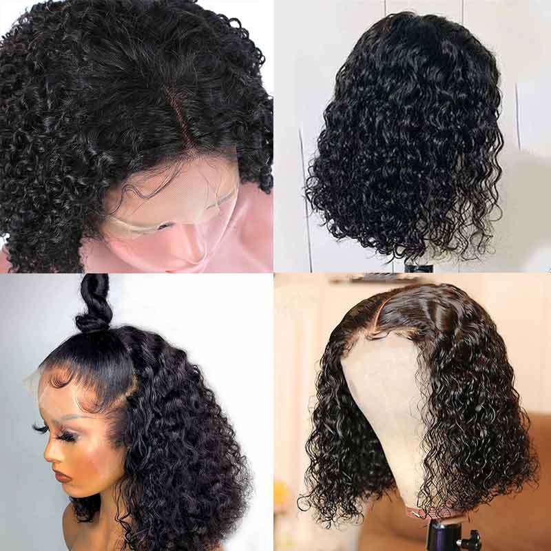 Deep Wave Bob Wig Blunt Cut Lace Front Wig 10A Human Hair Natural Color