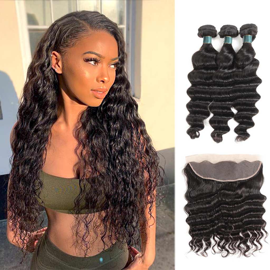 10A Loose Deep Wave Brazilian Hair 3 Bundles With Frontal Human Hair