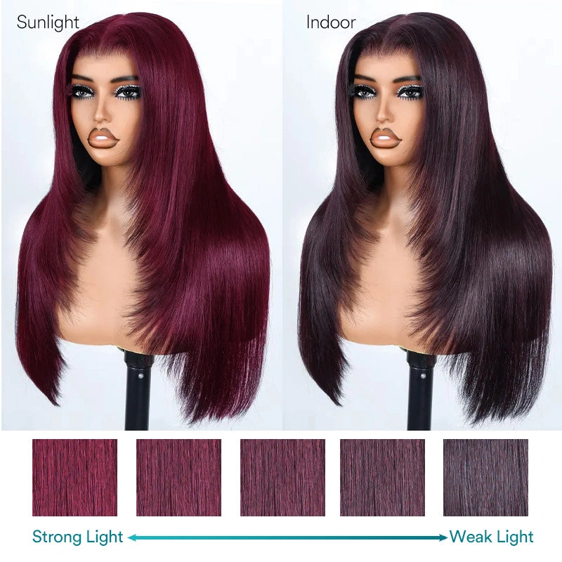 Dark Plum Color Straight Glueless Invisi Strap 360 Lace Frontal Wigs Tight & Neat Pre-Cut layered Optional - Image 11