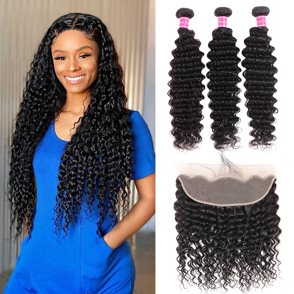 10A Deep Wave Brazilian Hair 3 Bundles With Frontal Human Hair