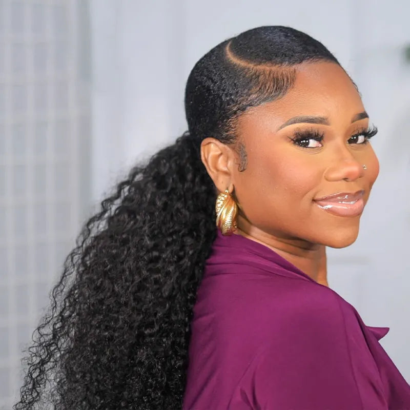 Jerry Curl Seamless Blend Drawstring Ponytail Extension Human Hair Natural Black Curly Ponytail