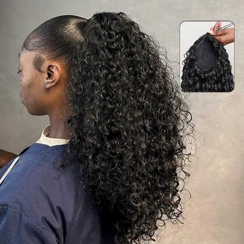 Water Wave Quick & Easy Drawstring Ponytail Extension Human Hair Natural Black Sleek Ponytail