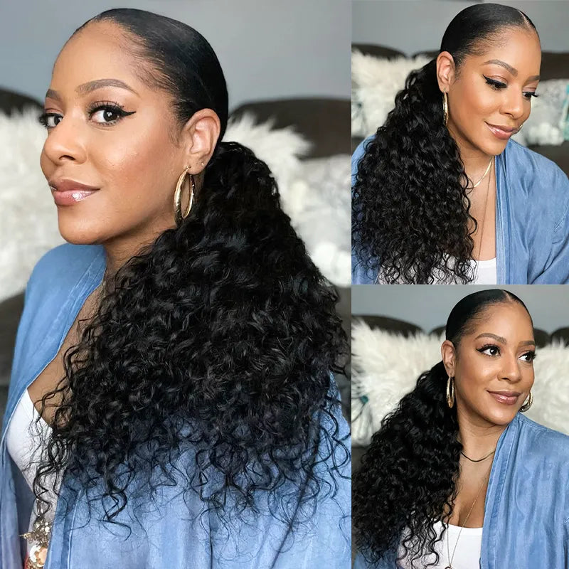 Water Wave Quick & Easy Drawstring Ponytail Extension Human Hair Natural Black Sleek Ponytail - Image 2