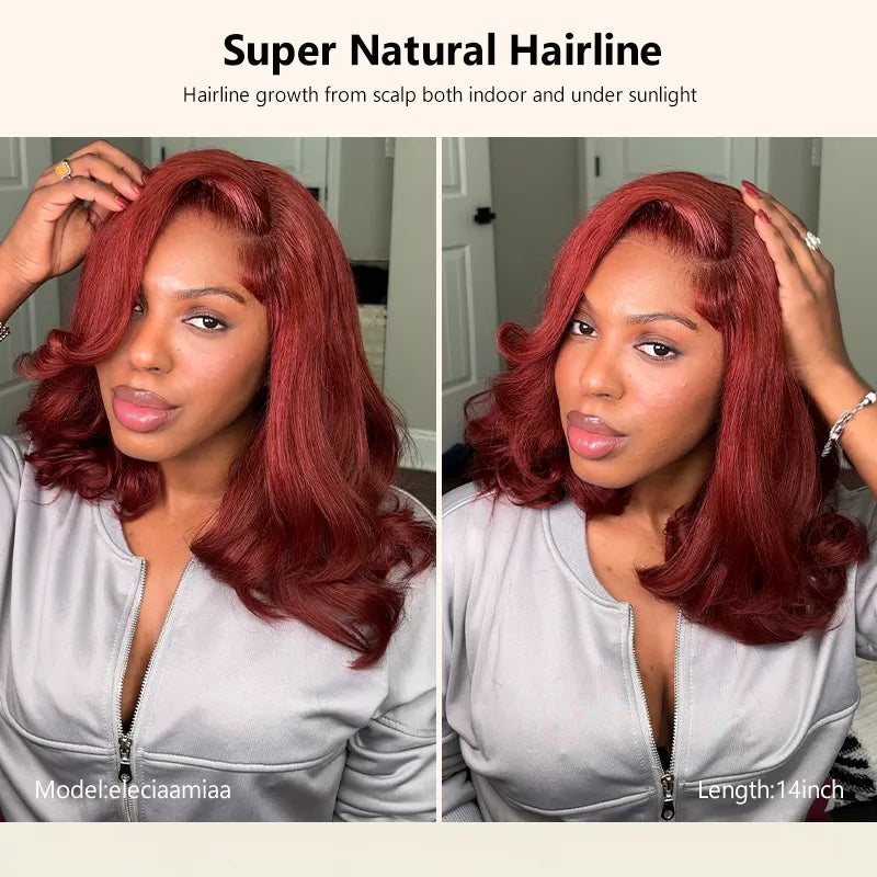Reddish Brown Pre-Styled Body Wave Glueless Layer Wavy Bob Wig Transparent Lace Ready To Go Wigs - Image 8