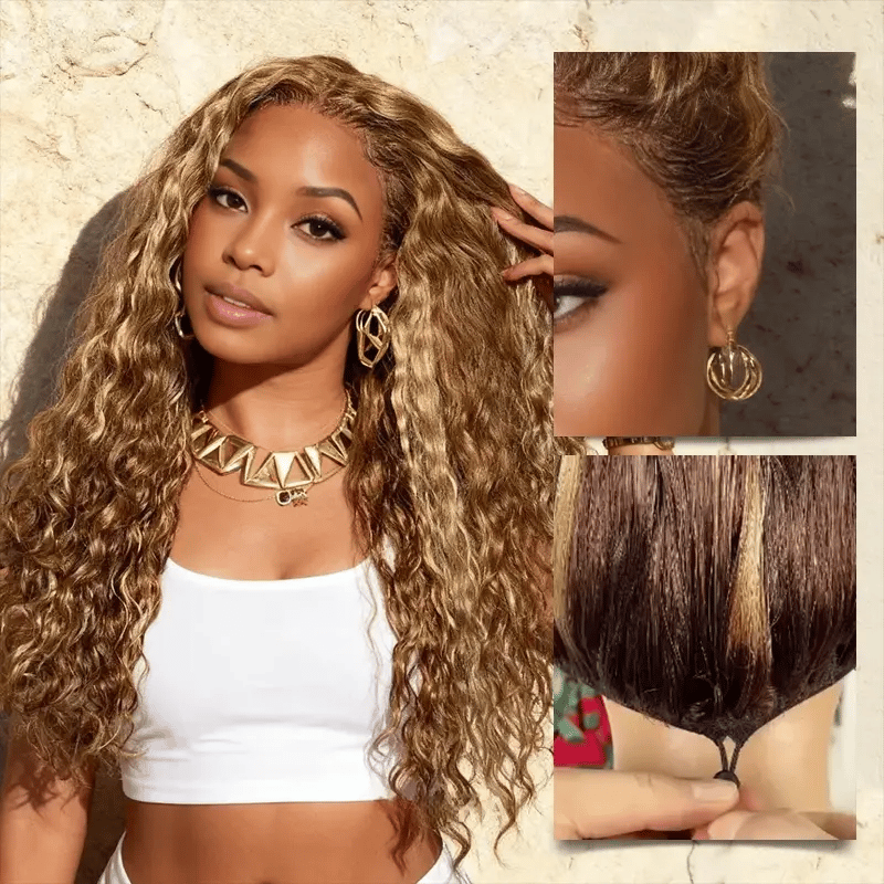 Honey Blonde Highlight Water Wave Pull Go 13x6 Full Skin Lace Wig Tiny Knots Glueless Wig - Image 3