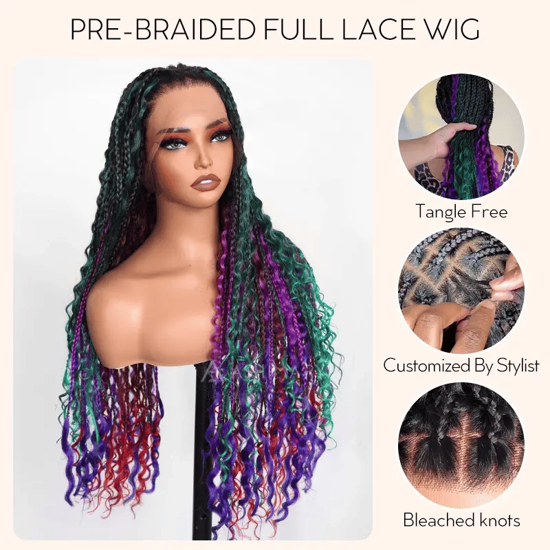 Rainbow Boho Curls Knotless Braided Wig Full Lace Frontal Multicolor Ombre Lightweight & Pre-Styled - Image 3
