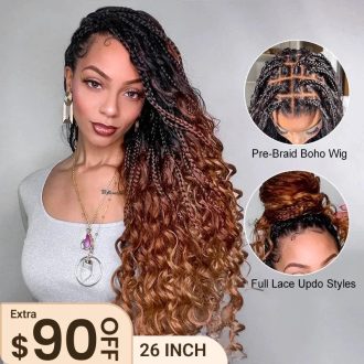 Ombre Color Full Lace Boho Curls Braided Long Wig Pre-braid Lightweight Tiny Knots Scalp