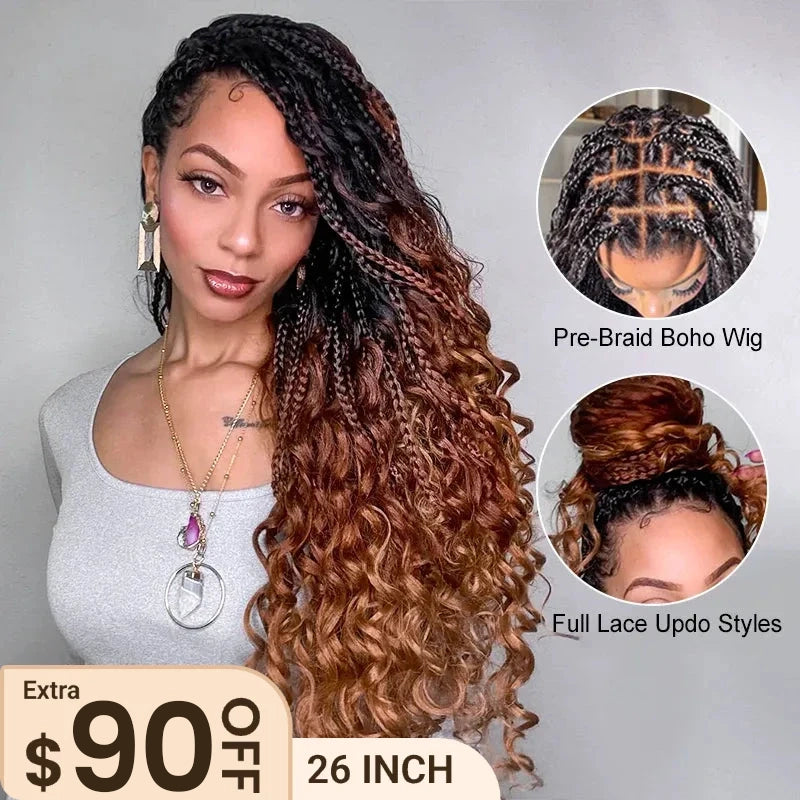 Ombre Color Full Lace Boho Curls Braided Long Wig Pre-braid Lightweight Tiny Knots Scalp