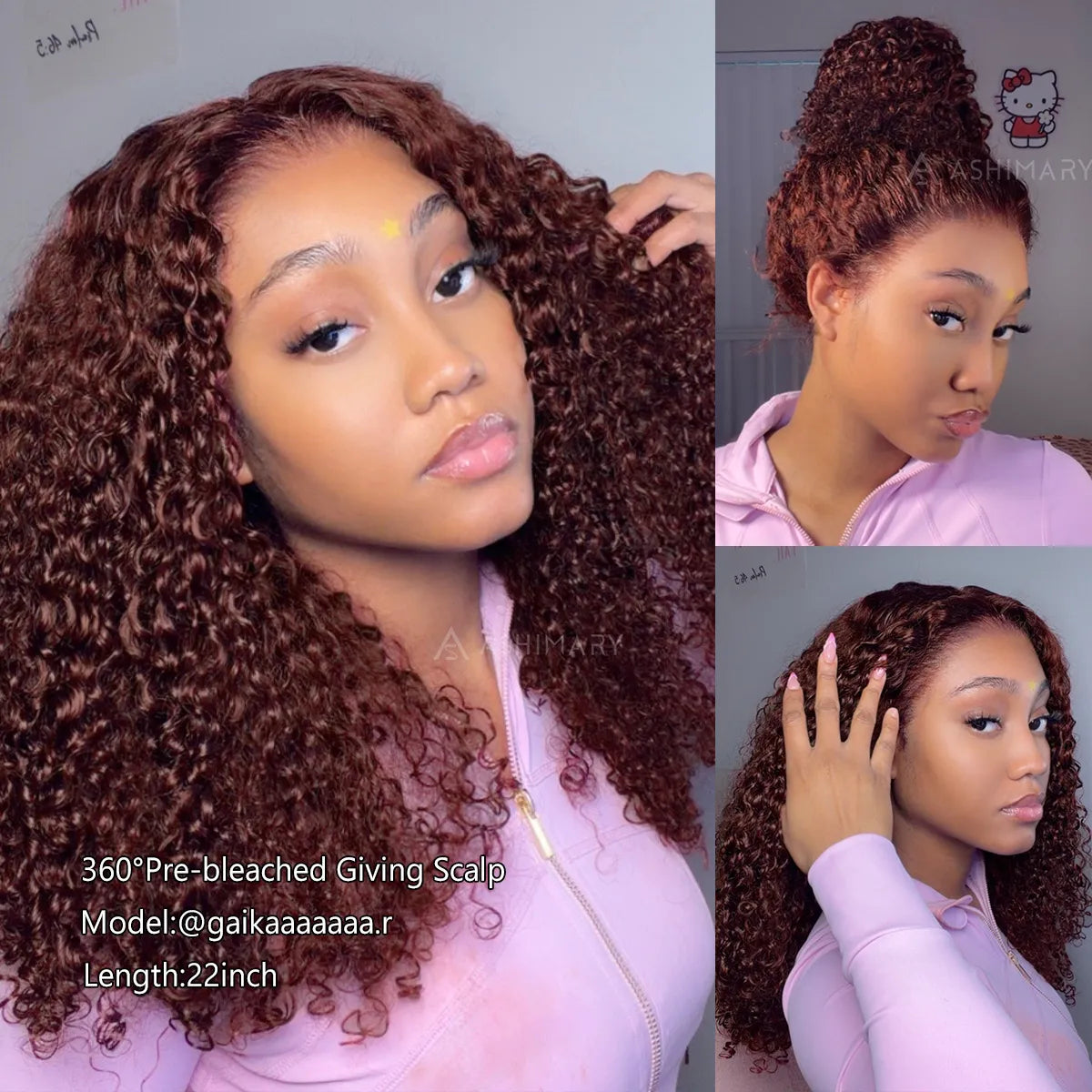 Reddish Brown Kinky Curly Invisi Strap Snug Fit 360 Melting Lace Frontal Bleached Knots Glueless Lace Wig - Image 5