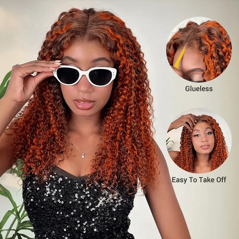 Ginger Highlight on Brown Water Wave Hair 6x4.5 Pull Go Lace Closure BobWig Glueless Human Hair