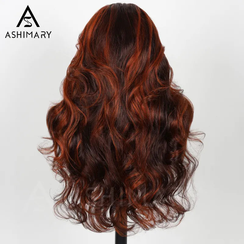 Salon Layer Cut Ginger Highlights On Brown Hair 360 Lace Frontal Invisi Strap Skin Lace InvisiDrawstring Snug Fit Body Wave Human Hair Wig - Image 14