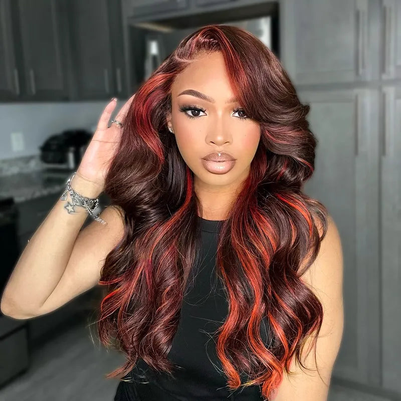 Salon Layer Cut Ginger Highlights On Brown Hair 360 Lace Frontal Invisi Strap Skin Lace InvisiDrawstring Snug Fit Body Wave Human Hair Wig - Image 2