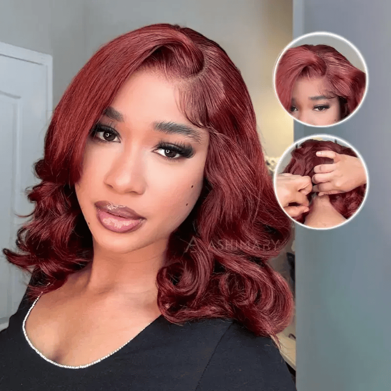 Reddish Brown Pre-Styled Body Wave Glueless Layer Wavy Bob Wig Transparent Lace Ready To Go Wigs - Image 2