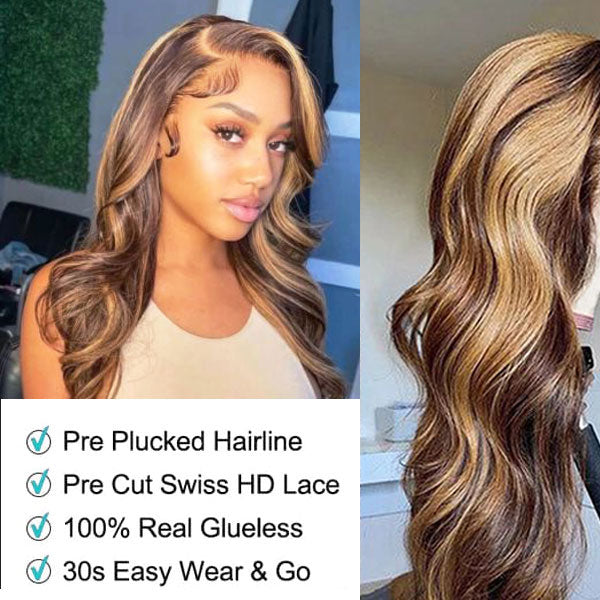 Ready to Wear Highlight Body Wave Glueless 13x4 HD Lace Wig with Pre Cut Lace & Bleached Knots - Image 4