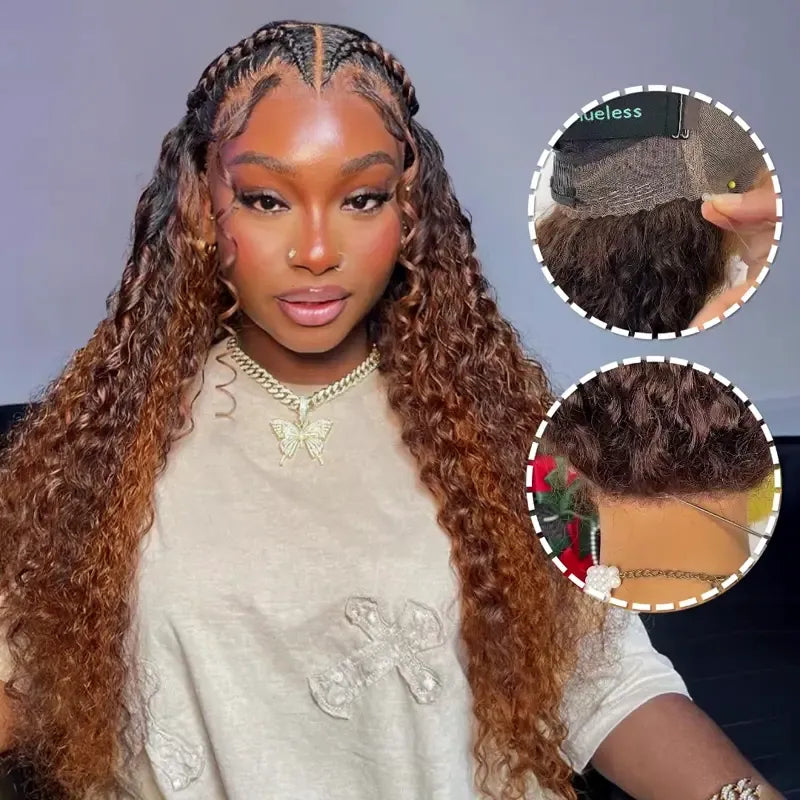 Glueless 360 Invisi Strap Upgrade Cap Lace Frontal Wig Brown Ombre With Black Roots Water Wave With Pre-Bleached Seamless Knots - Image 2