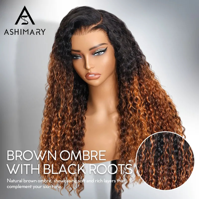 Glueless 360 Invisi Strap Upgrade Cap Lace Frontal Wig Brown Ombre With Black Roots Water Wave With Pre-Bleached Seamless Knots - Image 5