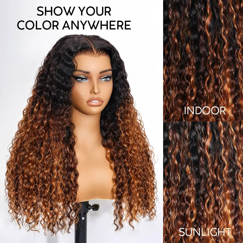 Glueless 360 Invisi Strap Upgrade Cap Lace Frontal Wig Brown Ombre With Black Roots Water Wave With Pre-Bleached Seamless Knots - Image 6