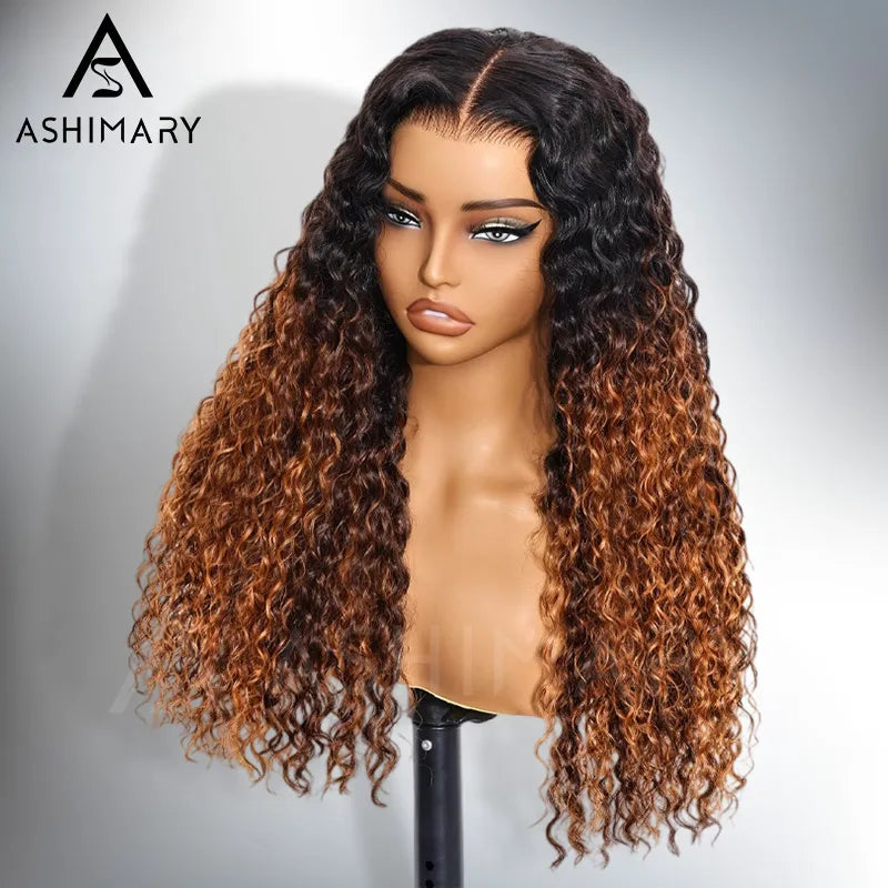 Glueless 360 Invisi Strap Upgrade Cap Lace Frontal Wig Brown Ombre With Black Roots Water Wave With Pre-Bleached Seamless Knots - Image 12