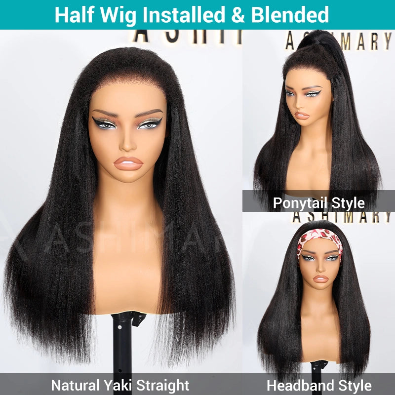 Black Brown Ombre Kinky Straight Half Wig With Drawstring Glueless Wear Go 3 in 1 Wig Human Hair - Image 6
