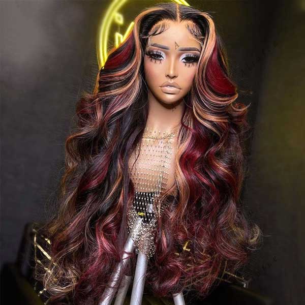 Ashimary burgundy hair with blonde highlights 13x4 HD Transparent lace wigs online for sale - Image 10