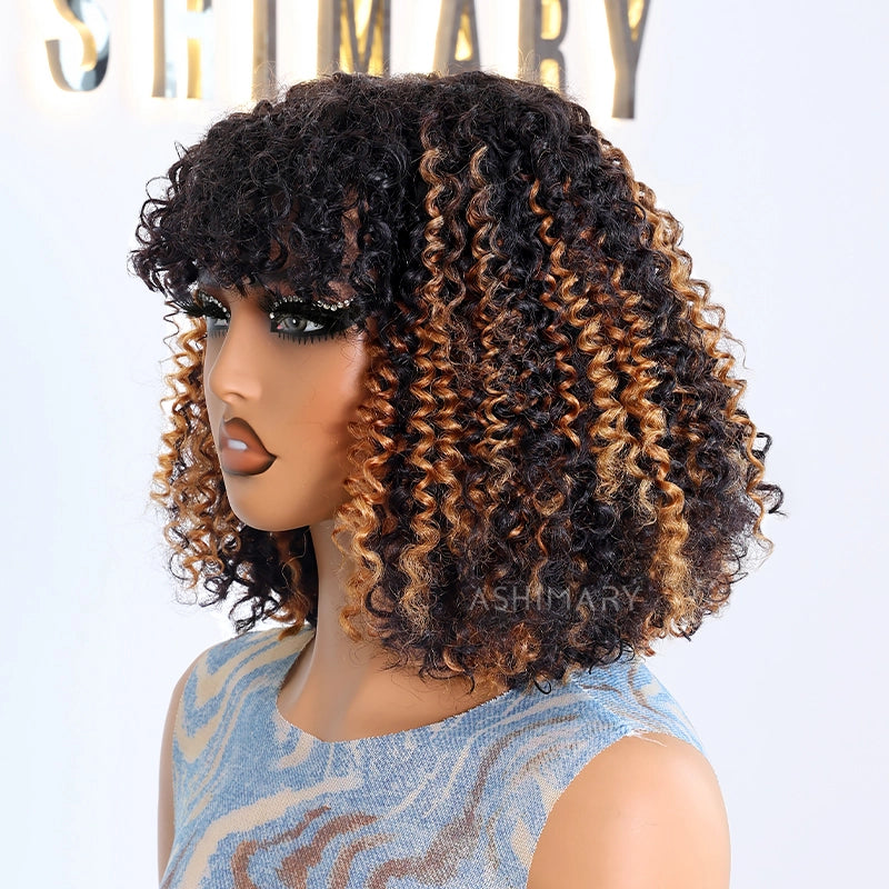 Pull Go 3x1 Scalp Illusion Wig with Natural Curly Bangs Highlight Kinky Curly Double Drawn Glueless Bob Wig - Image 6