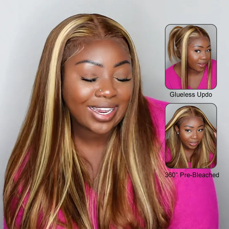 Pre-Everything Brown Highlights Straight Human Hair Wigs Invisi Strap Snug Fit 360 Lace Frontal Wig - Image 3