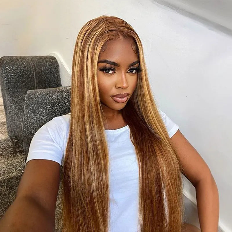 Pre-Everything Brown Highlights Straight Human Hair Wigs Invisi Strap Snug Fit 360 Lace Frontal Wig - Image 4