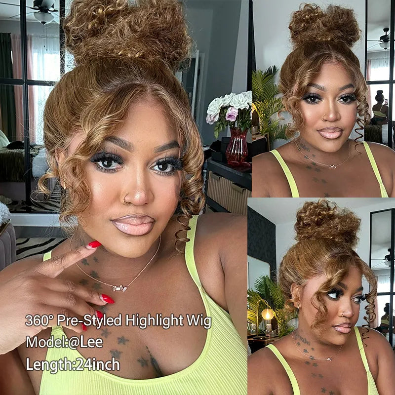 Salon-Free Water Wave High-Bun Highlight Wig with Spiral Curls 360 Skin Lace Frontal Invisi Strap Glueless Wig - Image 2