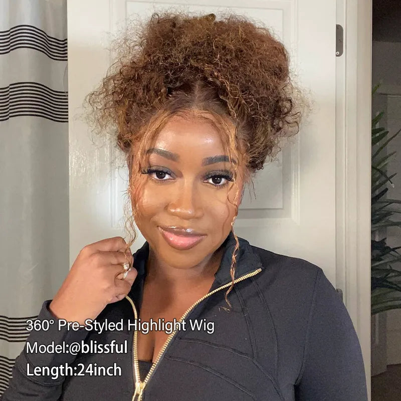 Salon-Free Water Wave High-Bun Highlight Wig with Spiral Curls 360 Skin Lace Frontal Invisi Strap Glueless Wig - Image 3