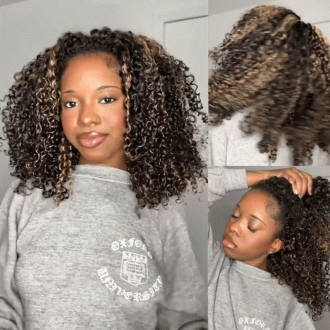 Blonde Highlight Kinky Curly QuickCurl Drawstring Half Wig Human Hair Curly 3 In 1 Half Wig