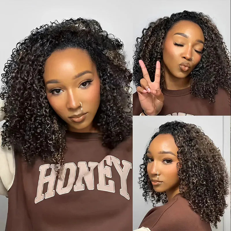 Blonde Highlight Kinky Curly QuickCurl Drawstring Half Wig Human Hair Curly 3 In 1 Half Wig - Image 5