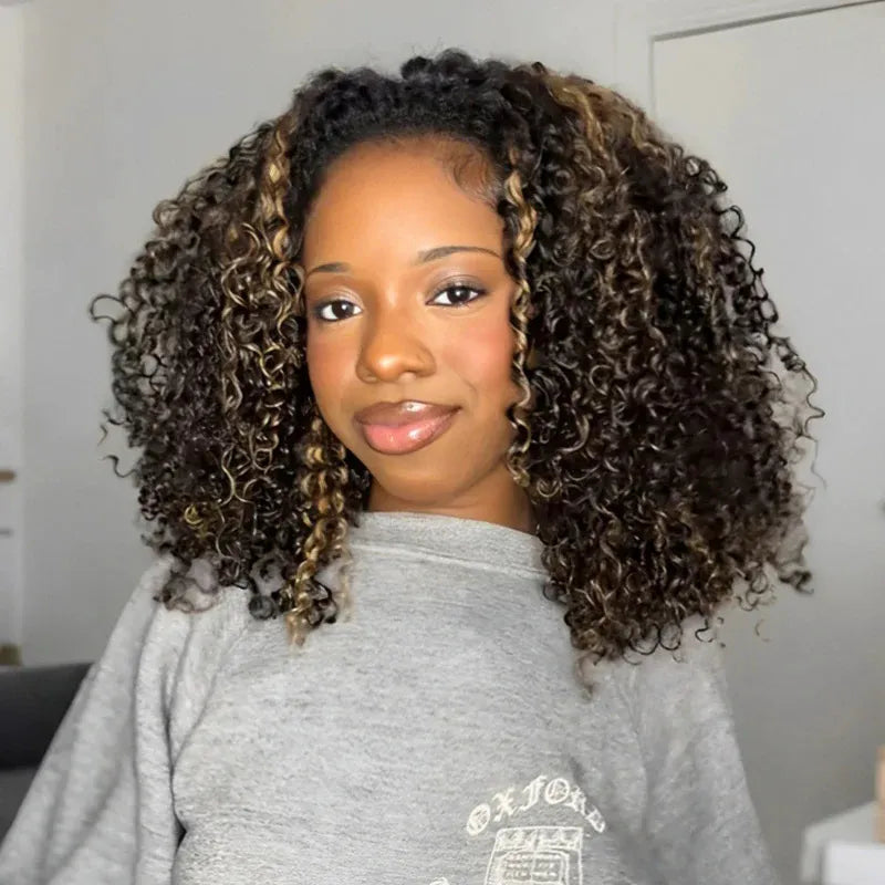 Blonde Highlight Kinky Curly QuickCurl Drawstring Half Wig Human Hair Curly 3 In 1 Half Wig - Image 3