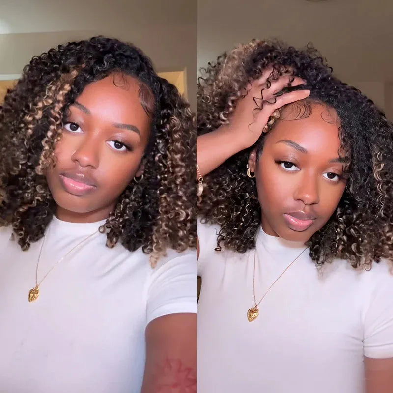 Blonde Highlight Kinky Curly QuickCurl Drawstring Half Wig Human Hair Curly 3 In 1 Half Wig - Image 4