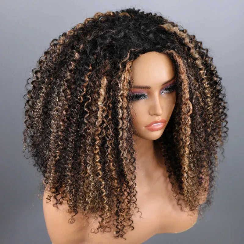 Blonde Highlight Kinky Curly QuickCurl Drawstring Half Wig Human Hair Curly 3 In 1 Half Wig - Image 6