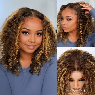 Highlight Color Pixie Curly Bob Ombre Honey Brown 5x5 Lace Closure Trendy Bouncy Curly Human Hair Wig