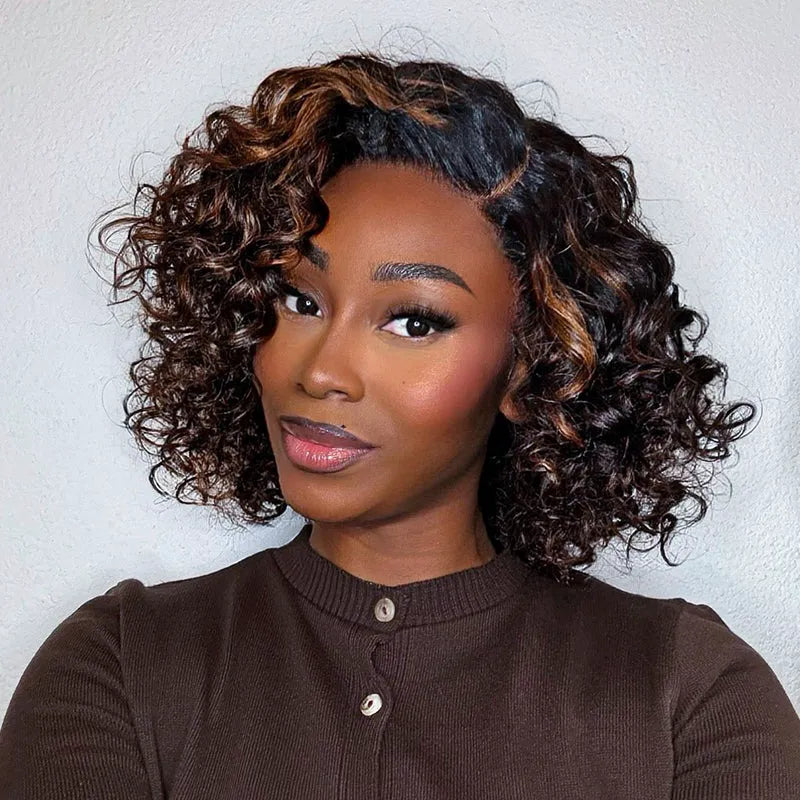 Blonde Highlight Bouncy Curl 6x4.5 Pull Go Lace Closure Bob Wig Glueless Human Hair