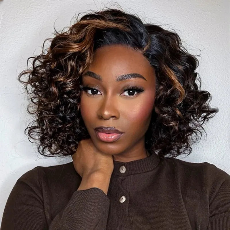 Blonde Highlight Bouncy Curl 6x4.5 Pull Go Lace Closure Bob Wig Glueless Human Hair - Image 5