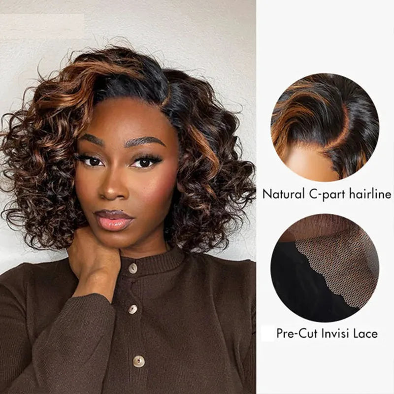 Blonde Highlight Bouncy Curl 6x4.5 Pull Go Lace Closure Bob Wig Glueless Human Hair - Image 2