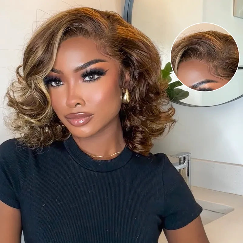 Blonde Highlight Pre-Styled Body Wave Ready To Go Glueless Layer Wavy Bob Wig With Baby Hair