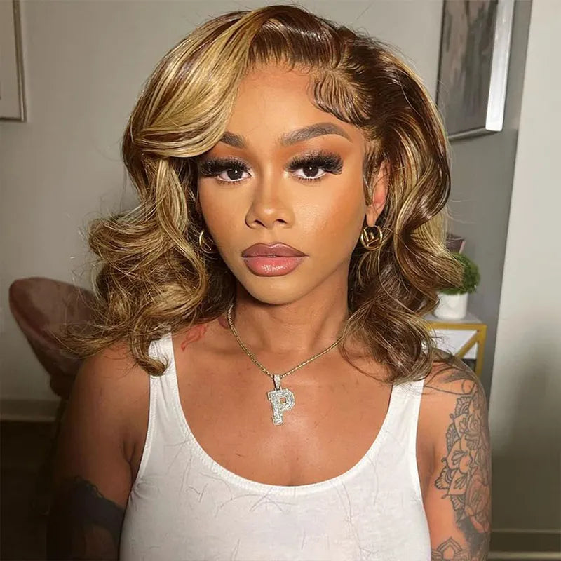 Blonde Highlight Pre-Styled Body Wave Ready To Go Glueless Layer Wavy Bob Wig With Baby Hair - Image 4